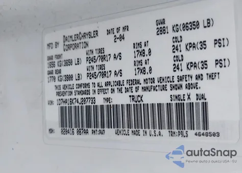 2004 Dodge Ram 1500 St из США, поврежденный, VIN 1D7HA16K74J207733